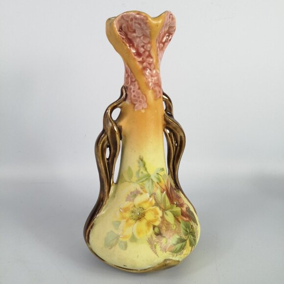 Vintage Miniature Amphora Bud Vase Yellow Pink Brown Floral Teal Inside Boho - Picture 11 of 15